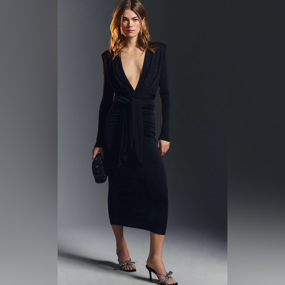 RARE MISHA Deep V Navy Midi NWT XS Elevated Evening Modern Designer Classic